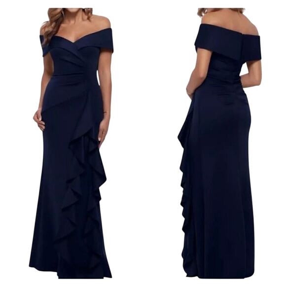 Xscape 4581XN Ruffle Off the Shoulder Scuba Knit Gown dress blue size 8 - Picture 1 of 7